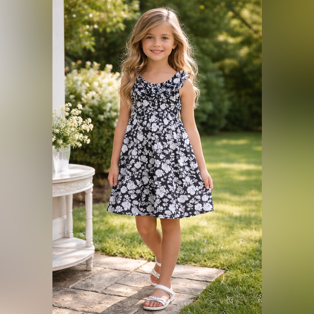 Ralph Lauren Black and white floral ruffle top girls sundress, 10, MSRP $59